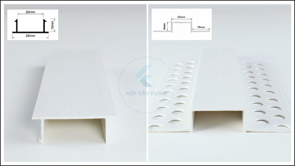 Hình ảnh thực tế và mặt cắt của nẹp chữu U nhựa PVC âm tường và âm trần