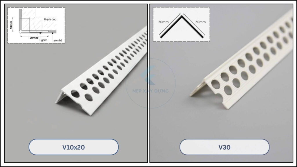 Hình ảnh thực tế và mặt cắt của nẹp nhựa PVC chữ V ốp góc