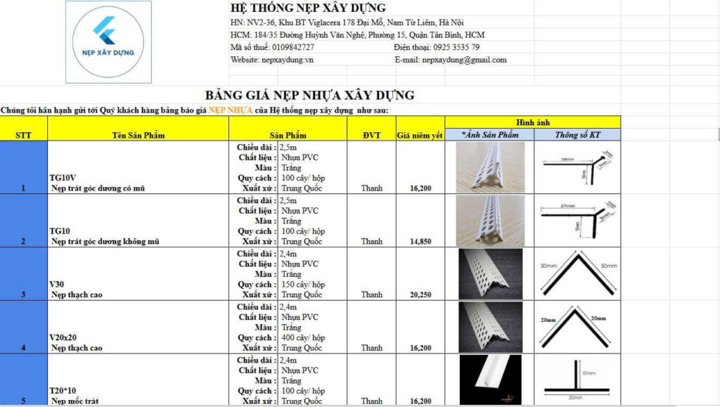 Chính sách giá nẹp nhựa nẹp xây dựng